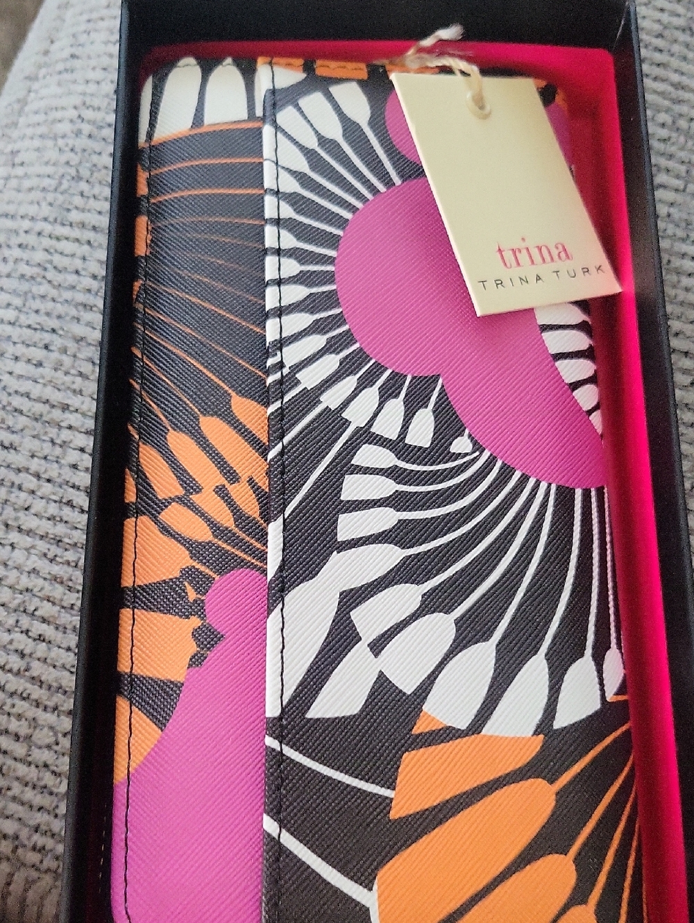Trina Turk Black Floral Graphic Wallet with Pink and Orange Accents
